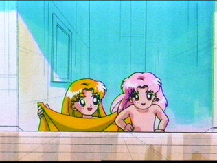 Usagi tries to cover up Chibi Usa to stop her from running around naked
