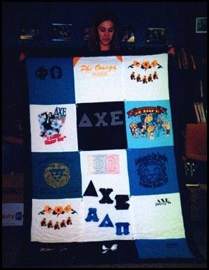 T-shirt history quilt made from shirts 
of sisters in Delta Chi Epsilon, Phi Omega, and Alpha Delta Pi
