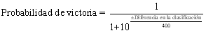 (Probabilidad de victoria) = 1 / (1+10^(&plusmn;(Diferencia en la clasificaci&oacute;n)/400))