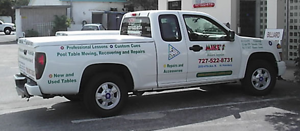 General service truck used for recover, cushion replacement and delivery of pool and billiard accessories