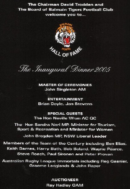 Balmain Tigers inaugural Hall of Fame dinner brochure