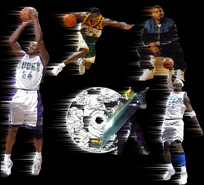 Main image features NBA ballers from left to right Ray Allen, Desmond Mason, and Ricky Davis.  Rapper Cormega on the top right.  The Liquid Swords CD in the middle with video game character Cloud Strife to the right.