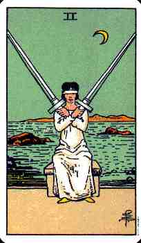 The Two of Swords- Damon Hoppe's Significator Card in the Tarot - Unbalanced Power is the ebbing away of life. Unbalanced Mercy is weakness and the fading out of the will. Unbalanced Severity is cruelty and the barrenness of Mind. Golden Dawn