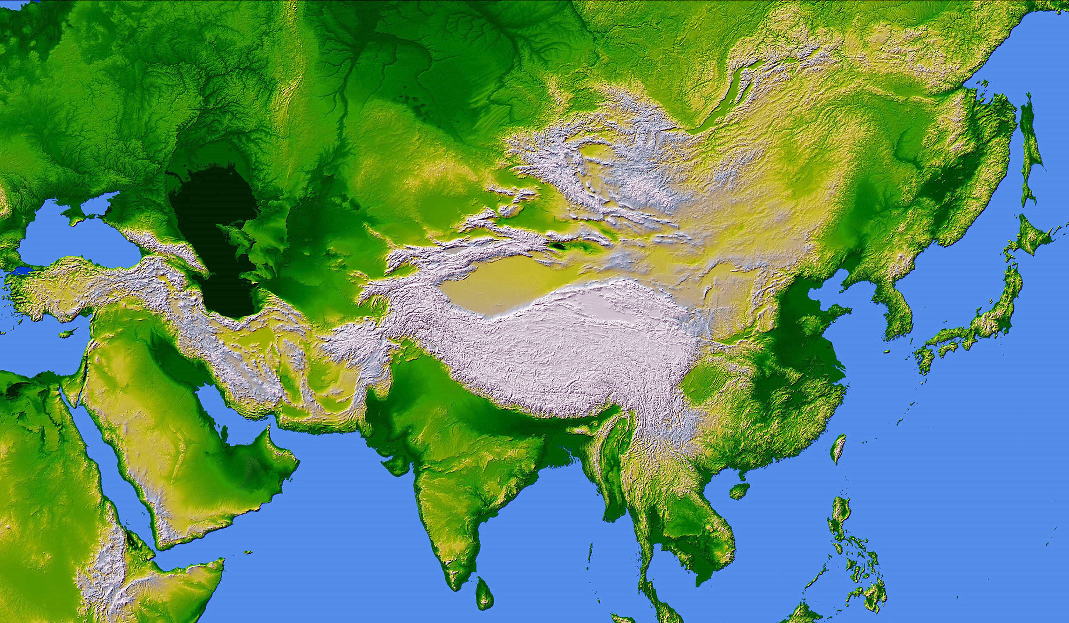 Full color elevation map of Asia.