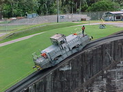 Engines tug and maneuver the ships through the locks.