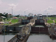 Leaving the Canal at the Gatun locks.  Three lifts in a row.