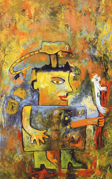 Einflüsterer, 2000, 100 x 60 cm, Eitempera