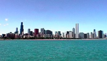 Skyline vom Adler Planetarium am Lake Michigan fotografiert