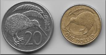 New Zealand 20 cent and 1 dollar coins with the kiwi on them.