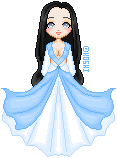 a black haired girl with a blue gown