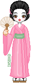 a little geisha girl in a pink kimono with a fan