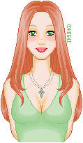a portrait doll with red hair and a green dress and a nice cross