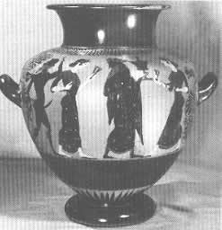 Stamnos depicting Dionysos and satyrs.  Fig 221  Athenian black figure vases.  John Boardman 1974