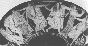 Red figure kylix by the Brygos Painter, showing men and women revelling in the street.  Page 104 Concise History of Ancient Greece. Peter Green 1973