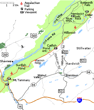 sunfish pond, catfish pond, blue Mountain Lake, hemlock pond, Indian Rock, Crater Lake, bliarstown, millbrook, Mt. tammany, Shawnee