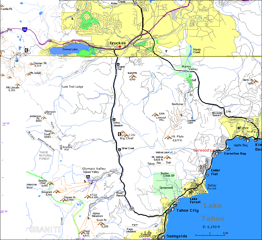 Donner Lake,  Mt. Judah, Donner Peak, Castle Peak, Mount Lincoln, Anderson Peak, Mt. Watson, Donner Lake, Truckee, Tahoe City, Mt. Pluto, Lookout Mountain, Tinker Knob, Granit Chief, Squaw Peak, Scott Peak, Ward Peak, Alpine Meadows, Squaw Valley, Truckee River, Pacific Crest Trail