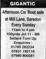 Mill Lane Saredon car boot every sunday afternoon 2009