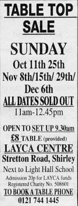 table top sales layca centre shirley  oct 11 25. nov 8 / 15 /29. dec 6 2009
	  