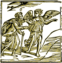 Lot being led by the angel out of the district of Sodom