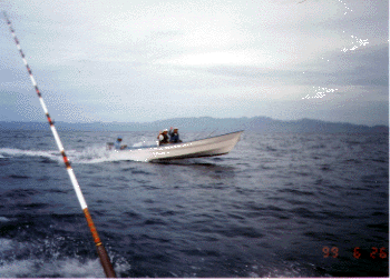 Peter & John in their panga, heading for the bait boat.