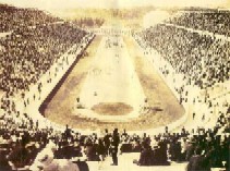 A black and white photo of the first modern Olympics in the Panathenaiko stadium Athens 1896