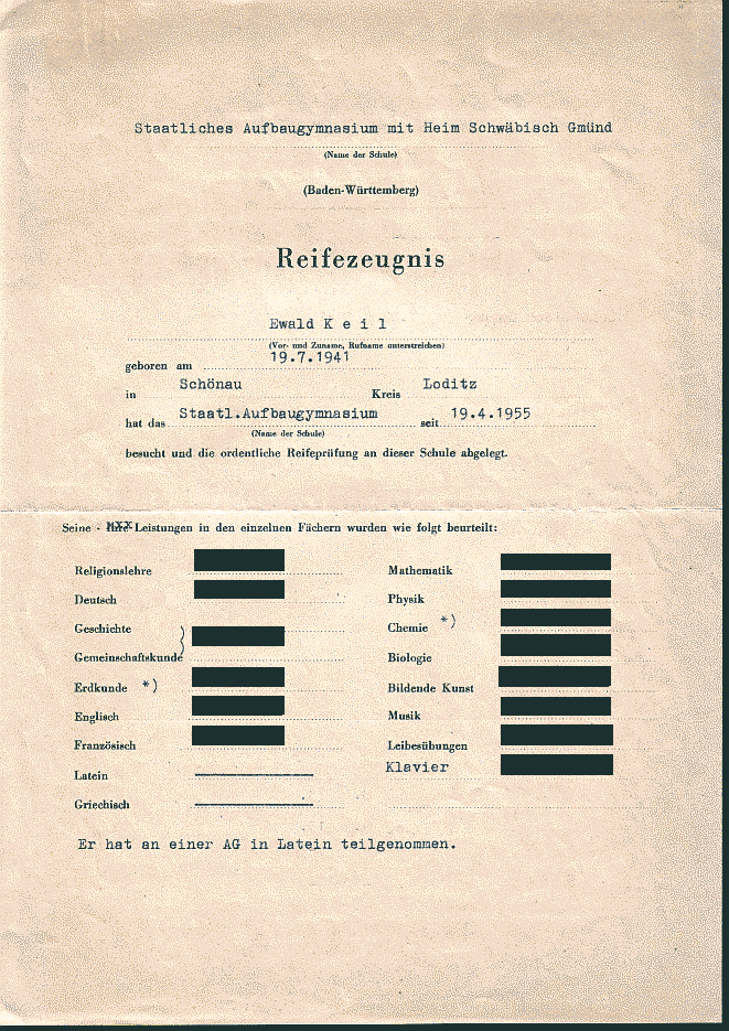 Abiturzeugnis (Vorderseite)