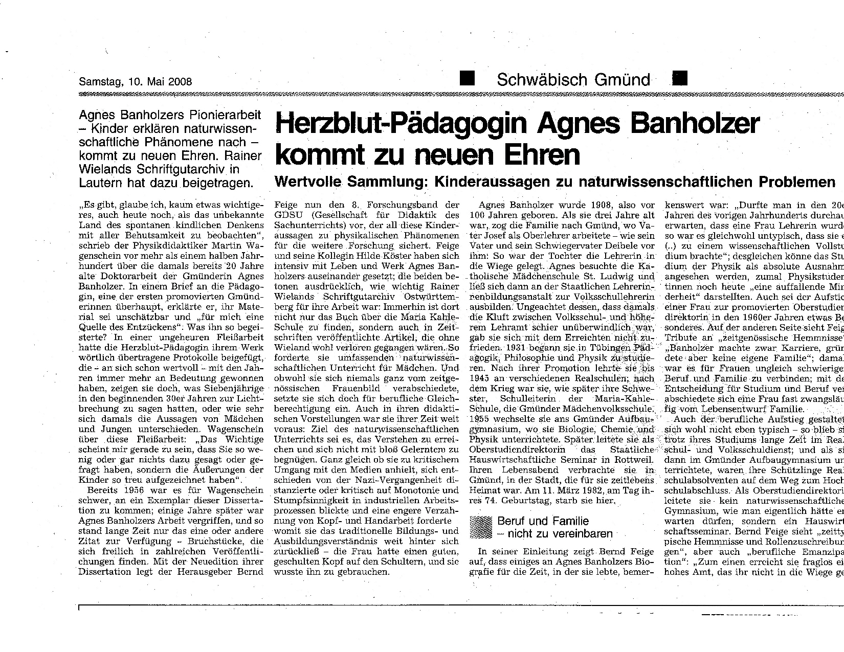 A. Banholzer in Gm&uuml;nder Rems-Zeitung vom 10.05.08 (1/2)