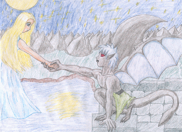 Koriel, overwhelmed with darkness,reaches out for help; his hand met by Ayame's, the Muse.