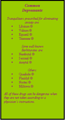 Text Box: Common
Depressants

Tranquilizers prescribed for eliminating anxiety are:
	Librium 
	Valium 
	Equanil 
	Tranxene 

Some well-known
Barbiturates are:
	Nembutal 
	Seconal 
	Amytal 

Others:
	Quaalude 
	Placidyl 
	Noctec 
	Miltown 

All of these drugs can be dangerous when they are not taken according to a physicians instructions.

