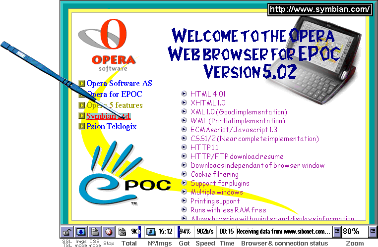 Colour VGA screenshot of the Opera web browser version 5.02 for EPOC