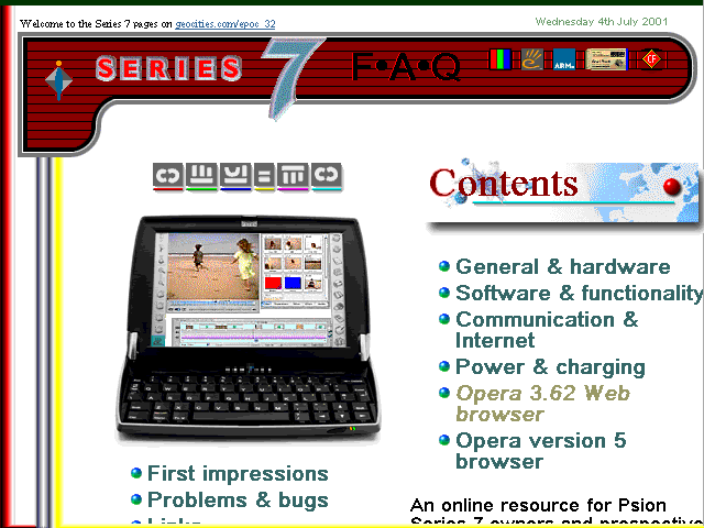 Screenshot of Psion 7 FAQ homepage