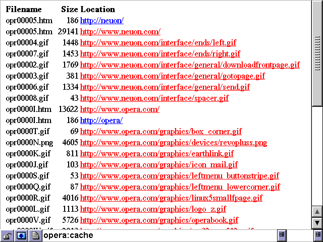 Screenshot of Opera 5's cache contents
