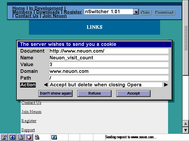 Screenshot of Cookie filtering in Opera 5