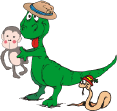 Dinosaur with cute monkey and silly snake