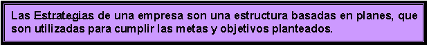 Cuadro de texto: Las Estrategias de una empresa son una estructura basadas en planes, que son utilizadas para cumplir las metas y objetivos planteados.