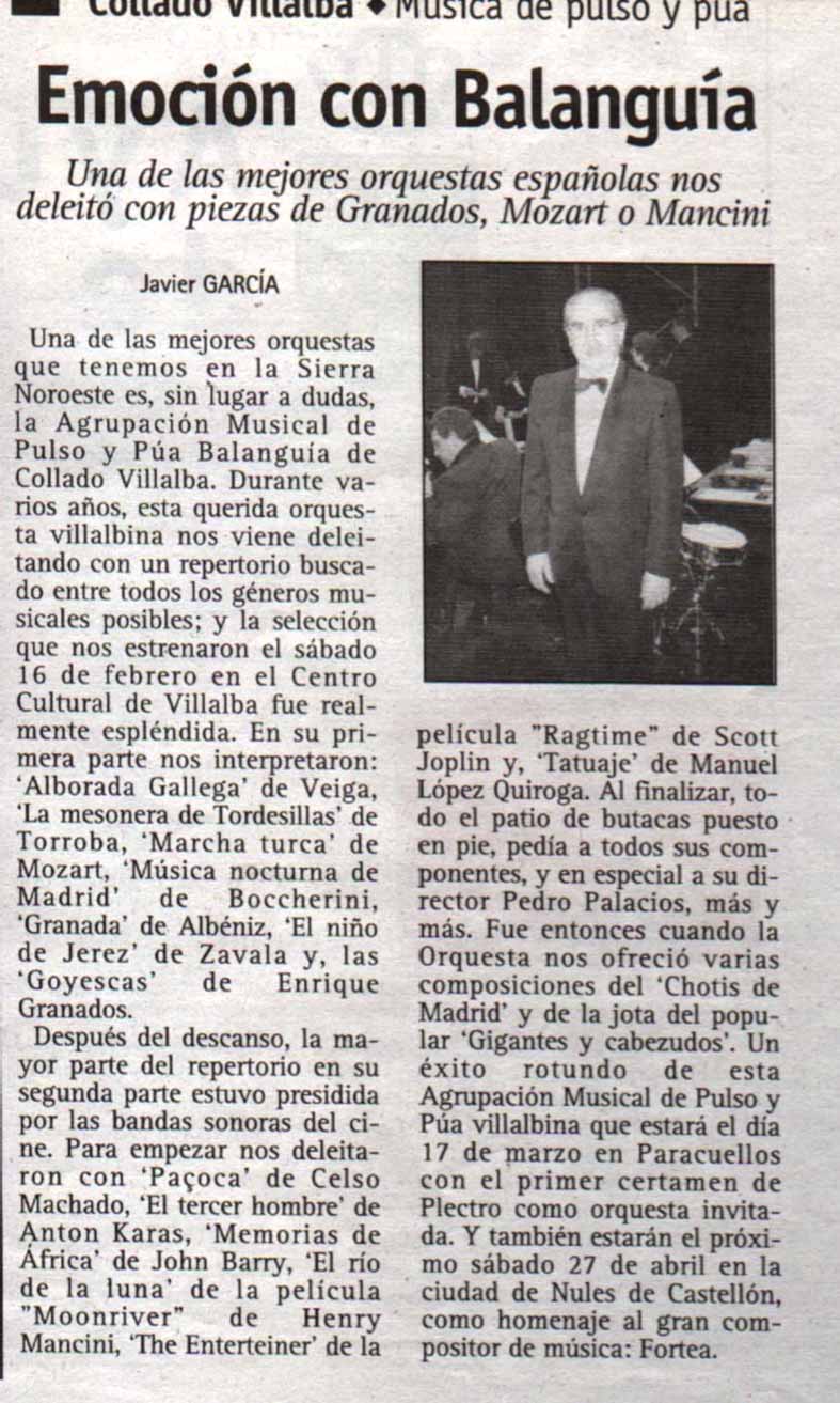 Nota de Prensa del Sierra Madrilea tras concierto del da 16 de Febrero de 2002.