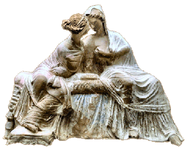 Tanagra type Terracotta figurine of two women. Myrina 2nd century BC. BM 