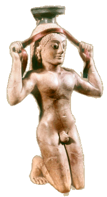An oil or perfume flask in the form of a kneeling boy binding a victory ribbon around his head. ca.540-530BC ht:10in. AMA 