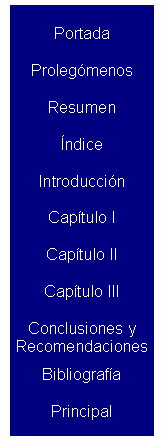 Text Box: Portada
Prolegmenos
Resumen
ndice
Introduccin
Captulo I
Captulo II
Captulo III
Captulo IV
Conclusiones y 
Recomendaciones
Bibliografa
Principal










