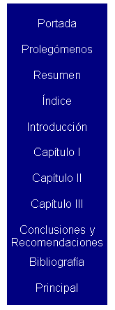 Text Box: Portada
Prolegmenos
Resumen
ndice
Introduccin
Captulo I
Captulo II
Captulo III
Captulo IV
Conclusiones y 
Recomendaciones
Bibliografa
Principal










