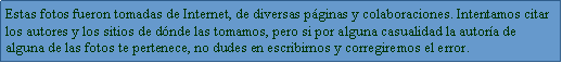 Text Box: Estas fotos fueron tomadas de Internet, de diversas pginas y colaboraciones. Intentamos citar los autores y los sitios de dnde las tomamos, pero si por alguna casualidad la autora de alguna de las fotos te pertenece, no dudes en escribirnos y corregiremos el error.
