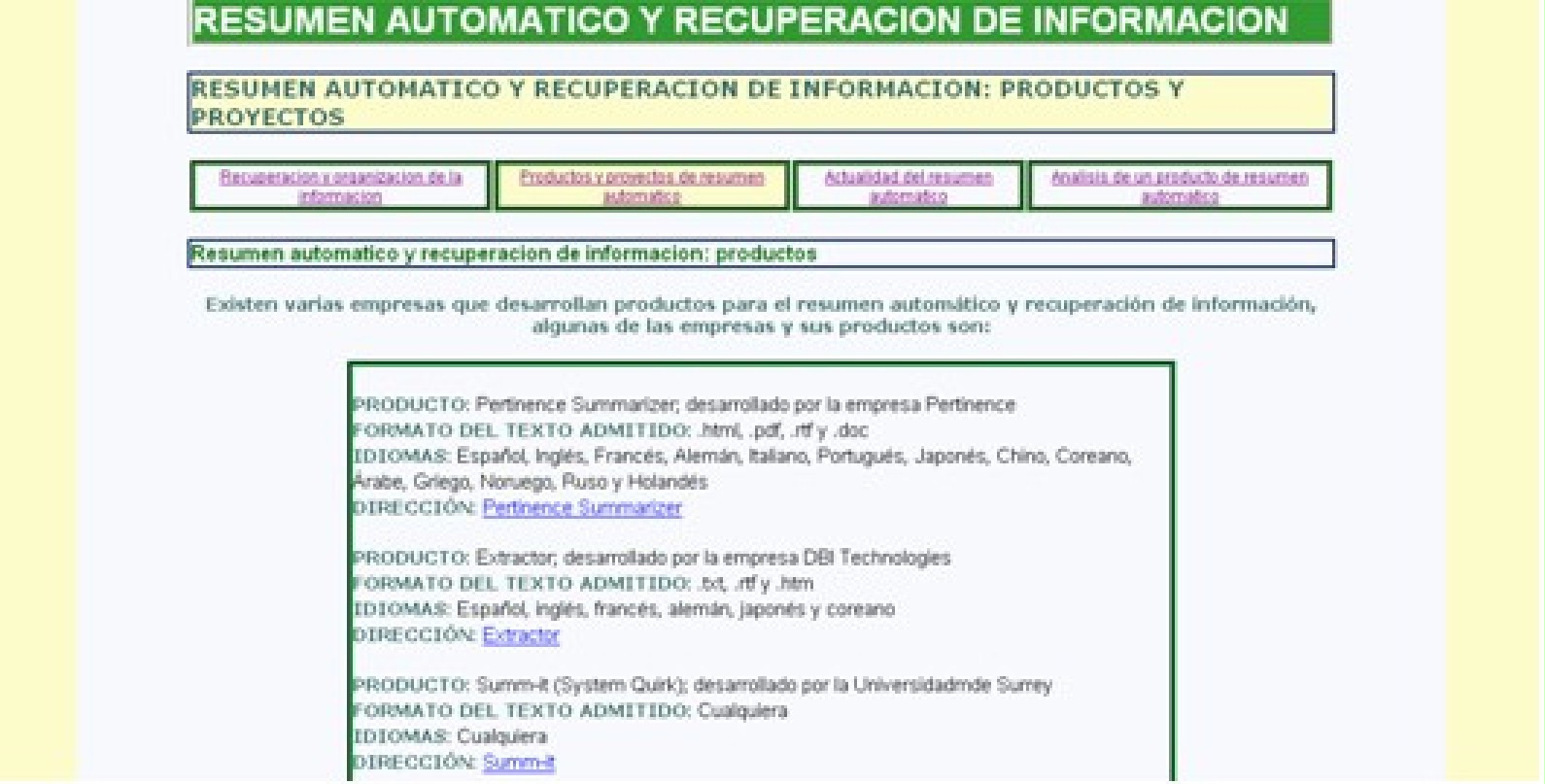 Acceder a la pgina: Resumen automtico y recuperacin de informacin; productos y proyectos