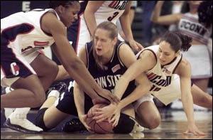 Sue Bird, Tamika Williams and Jacquelynn Shook Fight for Ball Possesion