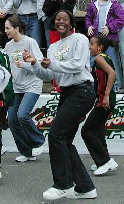 Semeka Randall and Sue Bird dancing at the Fan Fest