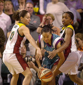 Sue Bird and Sonja Henning Guarding Staley