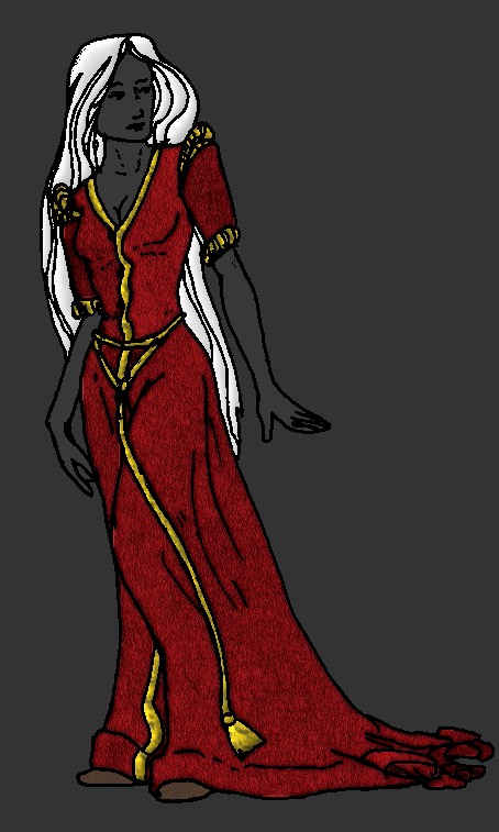 Lady Breeder Inrahi, wearing one of her trademark drakkinhide gowns, the famous gold-trimmed red one.