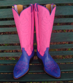Pink 16 inch tops with blue stitch and blue calf bottoms with pink toe flower. Small box toe.