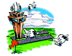 cartoon of Airport Tower,
the runway, airplanes taking off