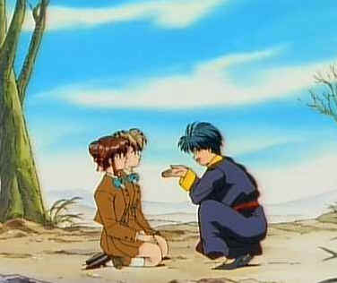Tamahome asks Miaka and Yui for money, after saving them