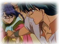 Nuriko uses her strength to hold on to Tama's arm